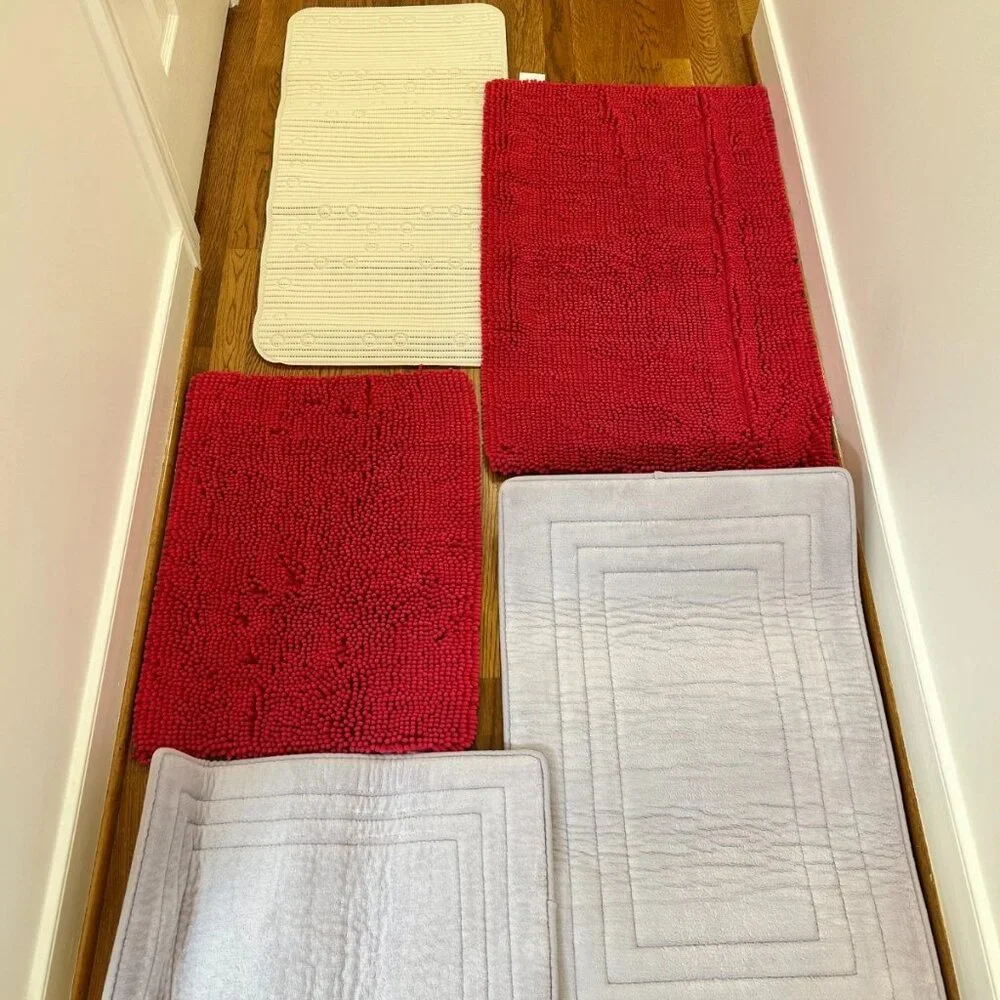 9pc Bath Bundle: Lilac Memory Foam, Pink Chenille Mats, Tub Safety Mat & Pillow